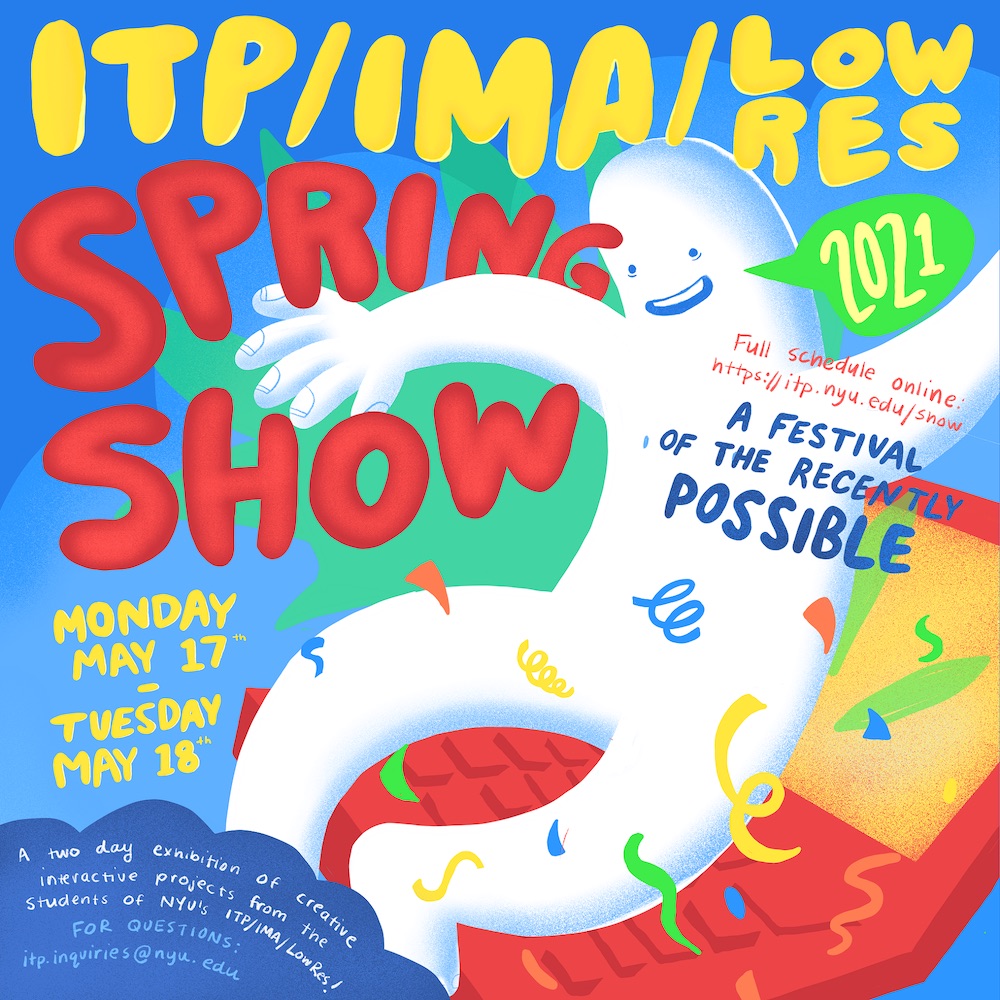Poster depicting a happy character and cartoonish computer for spring show 2021